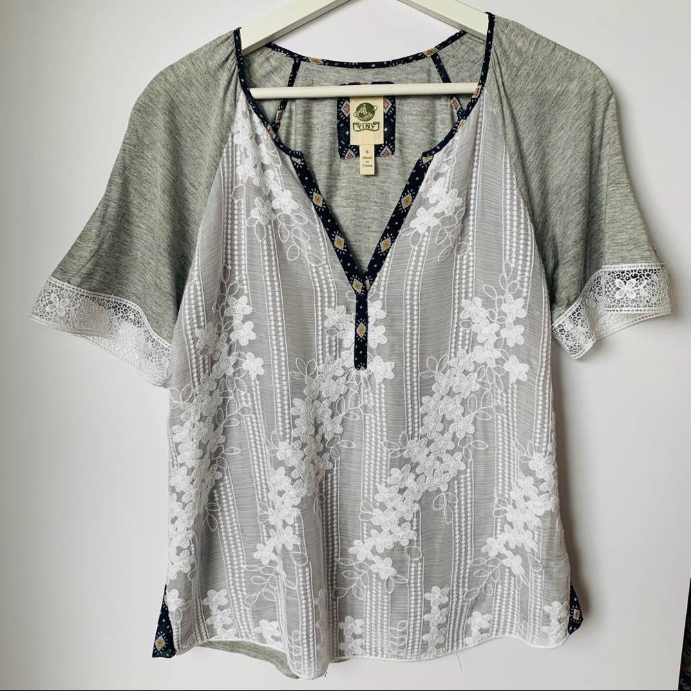 Anthropologie Tiny Floral Laced Short Sleeve Top